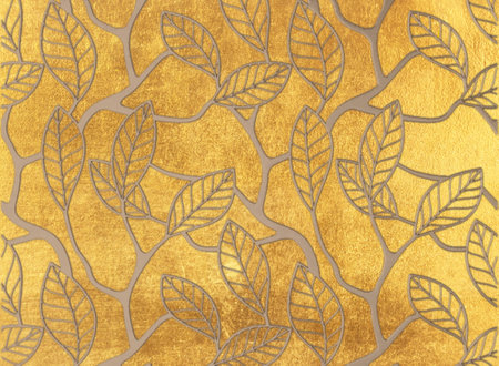 leaves pattern on gold paper texture background, leaves pattern on gold paper texture backgroundの写真素材