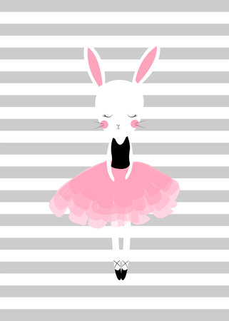 Cute white rabbit in a pink tutu on a striped backgroundの写真素材