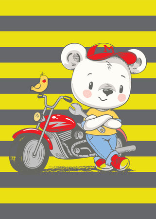 Cute cartoon bear riding a motorbike. Vector illustration on striped background.の写真素材