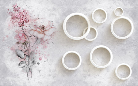 White rings with pink flowers on a gray background, top view.の写真素材