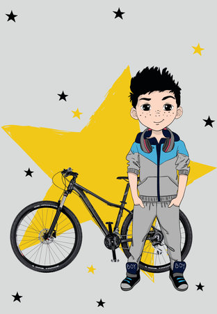 Vector illustration of a boy with a bike on a background of starsの写真素材