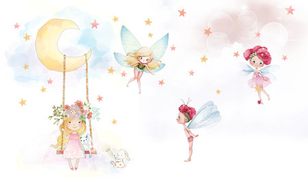 Cute cartoon fairies with moon and stars. Watercolor illustration.の写真素材