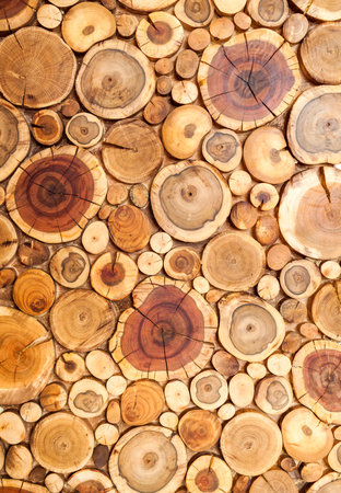 Wooden background texture of sawn tree trunk with annual rings.の写真素材
