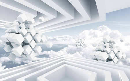 Abstract background with white cubes against bright blue sky with clouds 3D renderingの写真素材