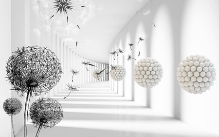 Abstract white interior with white balls and dandelion. 3D renderingの写真素材