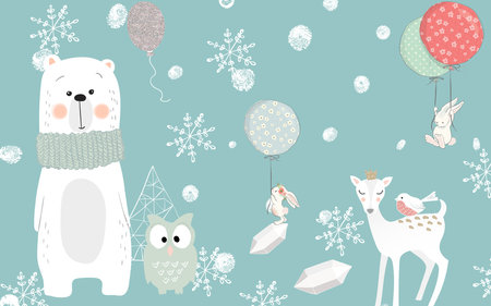 Seamless pattern with cute polar bears, owl, deer, snowflakes and stars.の写真素材