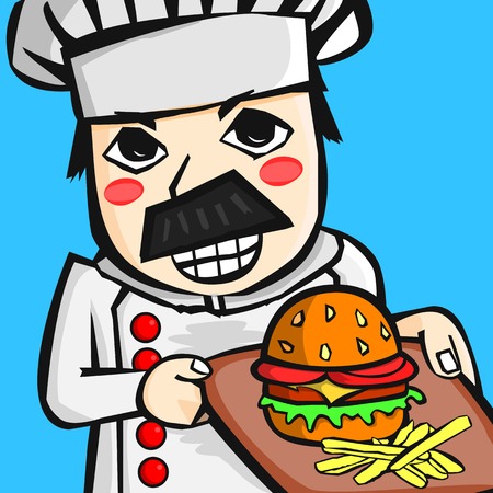 Cartoon chef holding burger on a tray.のイラスト素材