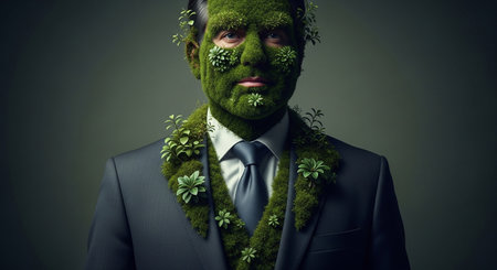 A man in a suit is imaginatively transformed with moss and green plants covering his face and shoulders.の素材