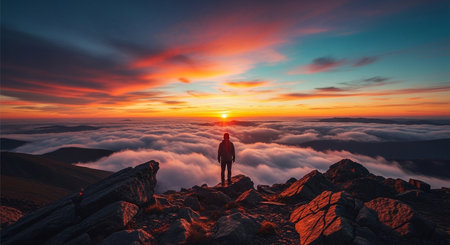 A lone person stands atop a majestic mountain peak overlooking a stunning cloudscape at sunrise.の素材