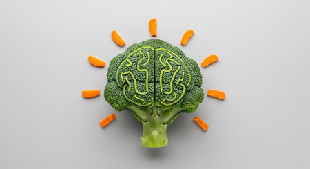 A fresh broccoli floret shaped like a brain is surrounded by carrot slice rays.の素材