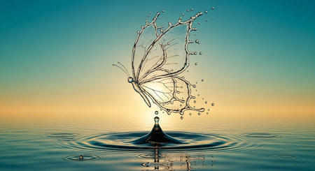 A beautiful butterfly shape is gracefully formed from splashing water rising from a tranquil pool at sunset.の素材