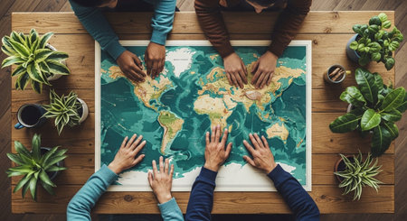 Hands on a world map signify international business strategy, collaboration, and planning for global market opportunities and challenges.の素材