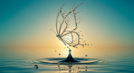 A delicate butterfly made of water droplets emerges from a splash in the calm ocean at sunset.の素材