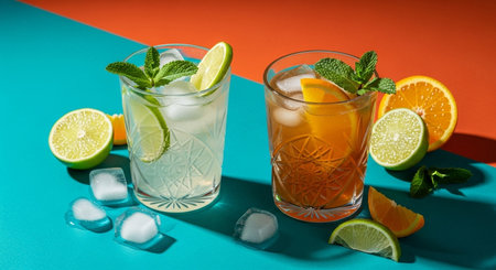 Two vibrant, refreshing summer cocktails with ice and fresh citrus slices, set against a colorful teal and orange background.の素材