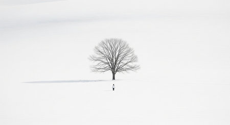 A solitary bare tree stands prominently in a vast, pristine white snowy landscape with a distant figure.の素材