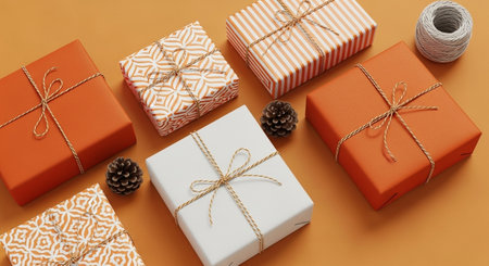 A delightful array of festive gift boxes in warm orange and classic white, tied with natural twine and adorned with pinecones, perfect for any special occasion.の素材