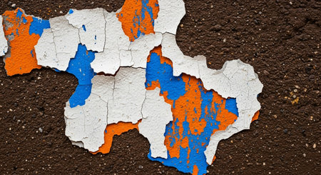 Striking close-up of cracked and flaking paint in orange, blue, and white, exposing a dark brown textured surface.の素材