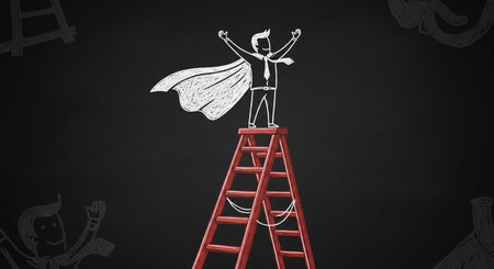 A chalk-drawn businessman as a superhero stands triumphantly atop a ladder, symbolizing career success and leadership.の素材