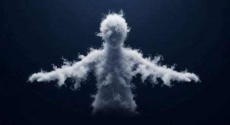 This captivating image depicts an abstract human figure formed from swirling white smoke against a deep, dark blue background.の素材