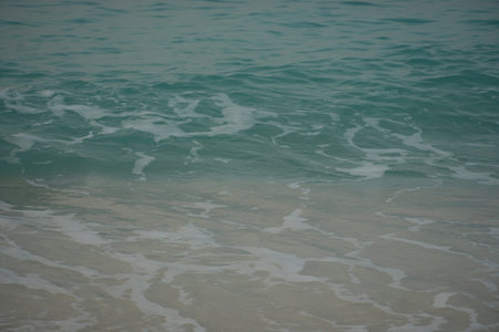 A serene scene of ocean waves gently crashing onto a sandy beach, creating foamy water and a...