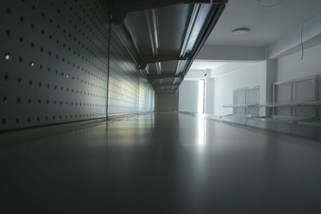 A dimly lit empty supermarket aisle with metal shelving units and a bright light source at the end,...