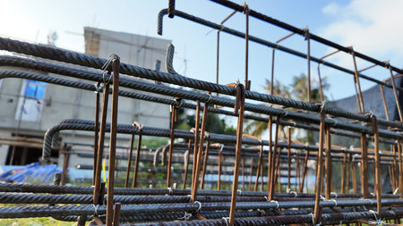 A close-up view shows intricate rebar structures ready for concrete pouring.