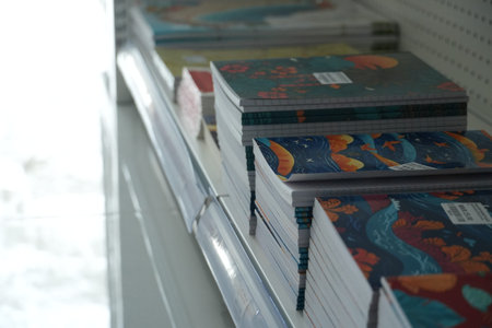 Stacks of decorative notebooks with unique covers are neatly arranged on a store shelf.