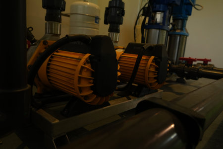 Two powerful yellow industrial pumps are prominently featured in a complex piping assembly.