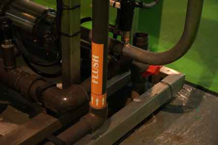 An orange-labeled 'FLUSH' pipe is prominently visible within a dense industrial piping system.の写真素材