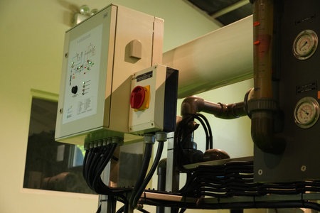 An industrial control panel with various buttons, indicators, and a prominent red emergency stop...