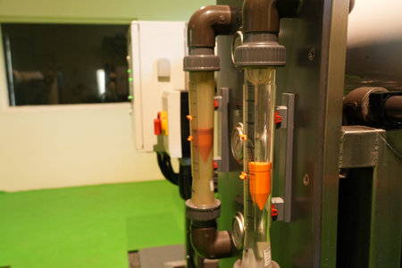 Two industrial flow meters with visible orange floats indicating fluid movement in pipes.