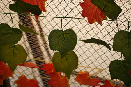 Decorative artificial autumn leaves in green and orange hang on a white net.