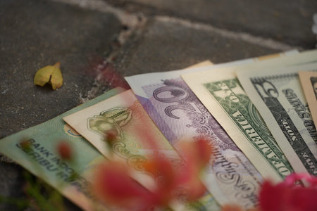 A close-up shot shows various international currencies mixed with US dollars, enhanced by soft-focus...