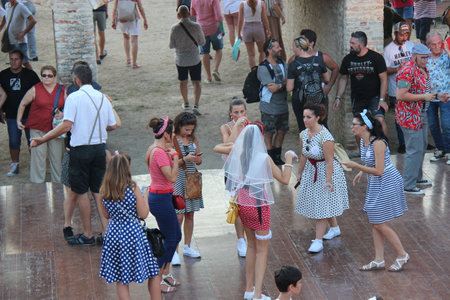 Senigallia, Italy 6 August 2019 is an international music festival focused on the US music and culture of the fifties. In the photo: people dressed up in the 50s style Summer Jamboreeのeditorial素材