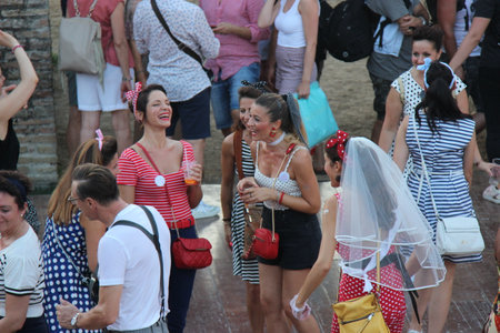 Senigallia, Italy 6 August 2019 is an international music festival focused on the US music and culture of the fifties. In the photo: people dressed up in the 50s style Summer Jamboreeのeditorial素材