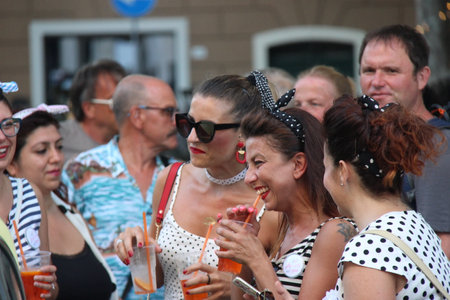 Senigallia, Italy 12 August 2019 is an international music festival focused on the US music and culture of the fifties. In the photo: people dressed up in the 50s style Summer Jamboreeのeditorial素材