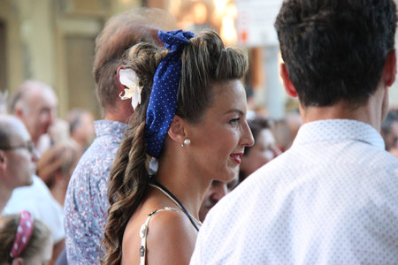 Senigallia, Italy 8 August 2019 is an international music festival focused on the US music and culture of the fifties. In the photo: people dressed up in the 50s style Summer Jamboreeのeditorial素材