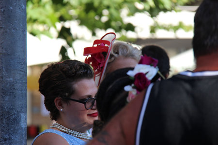 Senigallia, Italy 8 August 2019 is an international music festival focused on the US music and culture of the fifties. In the photo: people dressed up in the 50s style Summer Jamboreeのeditorial素材