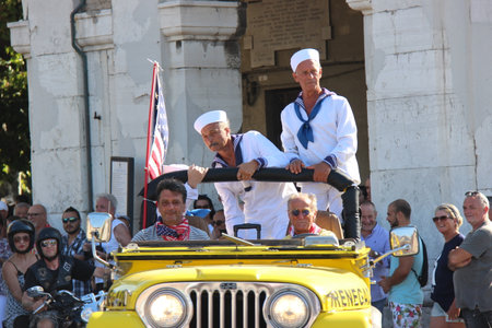 Senigallia, Italy, 6 August 2019 is an international music festival focused on the music and culture of the United States of the 1950s. Pictured: people dressed in 50s style and car paradeのeditorial素材