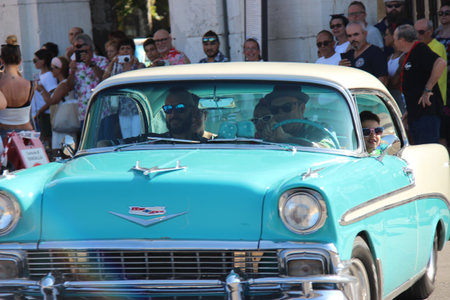 People vintage, Senigallia, Italy 12 August 2019 is an international music festival focused on American music and culture of the 1950s. In the photo: people dressed in vintage 1950s styleのeditorial素材