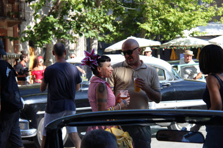 Senigallia, Italy 8, August 2019 is an international music festival focused on the US music and culture of the fifties. In the photo: people dressed up in the 50s style Summer Jamboreeのeditorial素材