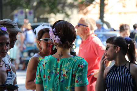 Senigallia, Italy 8, August 2019 is an international music festival focused on the US music and culture of the fifties. In the photo: people dressed up in the 50s style Summer Jamboreeのeditorial素材
