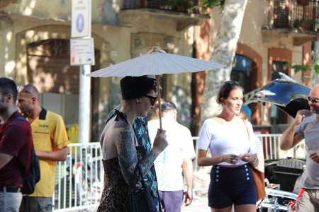 Senigallia, Italy 8, August 2019 is an international music festival focused on the US music and culture of the fifties. In the photo: people dressed up in the 50s style Summer Jamboreeのeditorial素材