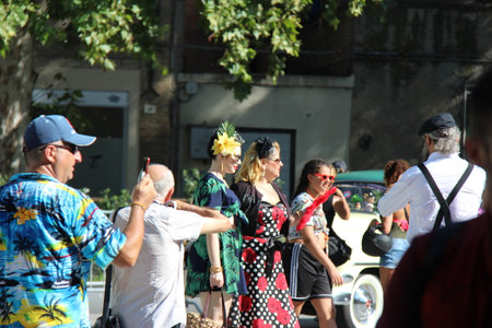 Senigallia, Italy 08 August 2019 is an international music festival focused on the US music and culture of the fifties. In the photo: people dressed up in the 50s styleのeditorial素材