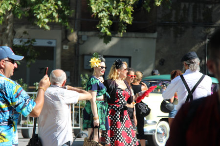 Senigallia, Italy 08 August 2019 is an international music festival focused on the US music and culture of the fifties. In the photo: people dressed up in the 50s styleのeditorial素材
