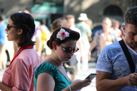 Senigallia, Italy 08 August 2019 is an international music festival focused on the US music and culture of the fifties. In the photo: people dressed up in the 50s styleのeditorial素材