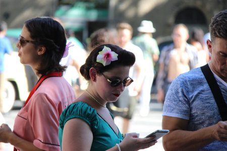Senigallia, Italy 08 August 2019 is an international music festival focused on the US music and culture of the fifties. In the photo: people dressed up in the 50s styleのeditorial素材