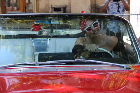 Senigallia, Italy 12 August 2019 is an international music festival focused on the US music and culture of the fifties. In the photo: people dressed up in the 50s style / Summer Jamboreeのeditorial素材