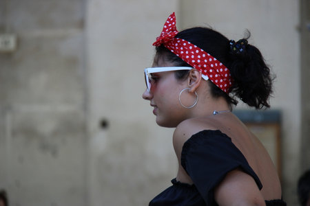 Senigallia, Italy 12 August 2019 is an international music festival focused on the US music and culture of the fifties. In the photo: people dressed up in the 50s style / Summer Jamboreeのeditorial素材