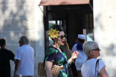 Senigallia, Italy 12 August 2019 is an international music festival focused on the US music and culture of the fifties. In the photo: people dressed up in the 50s style / Summer Jamboreeのeditorial素材